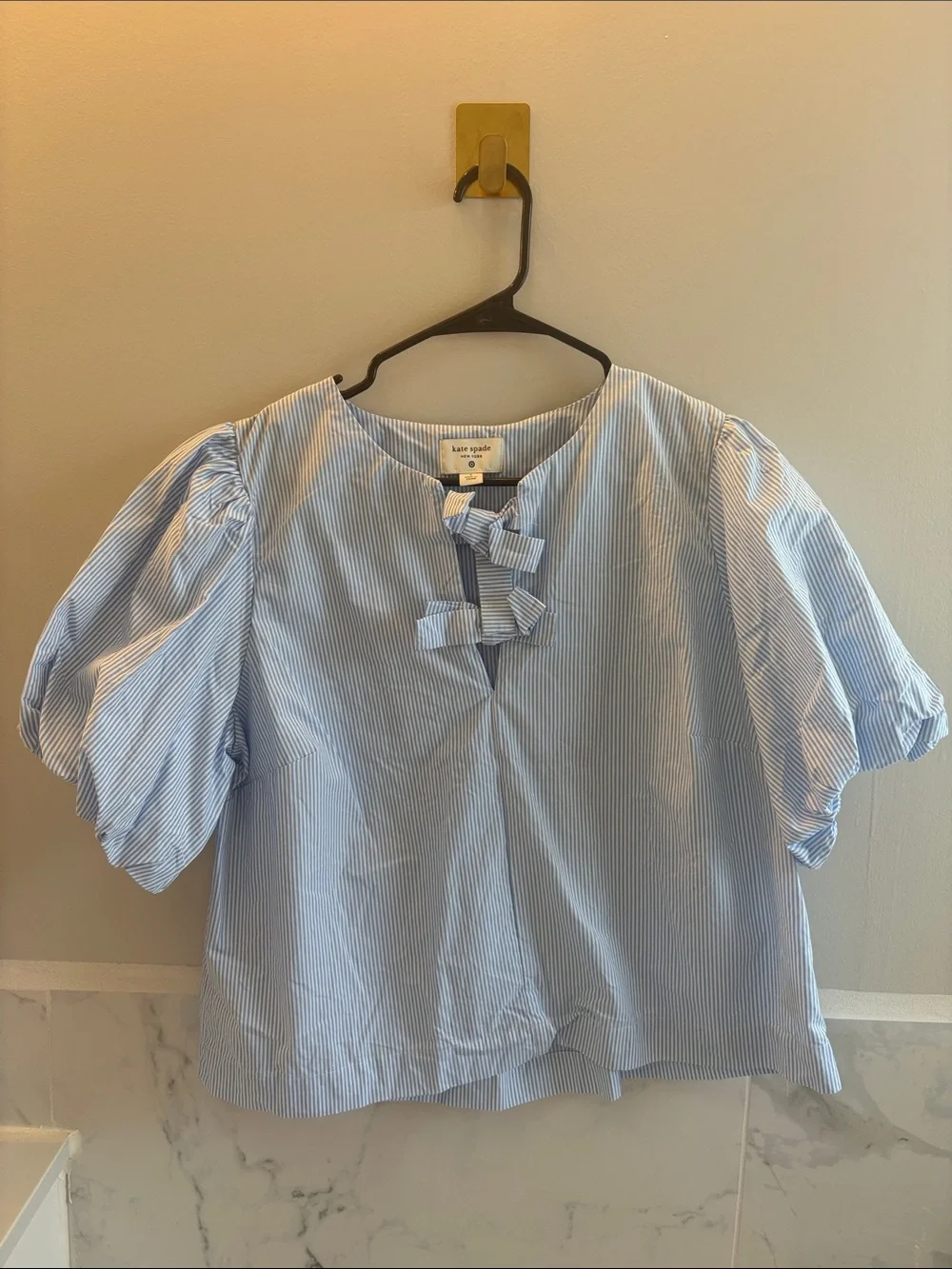 kate spade Light Blue and White Striped Puff-Sleeve Cotton Blouse